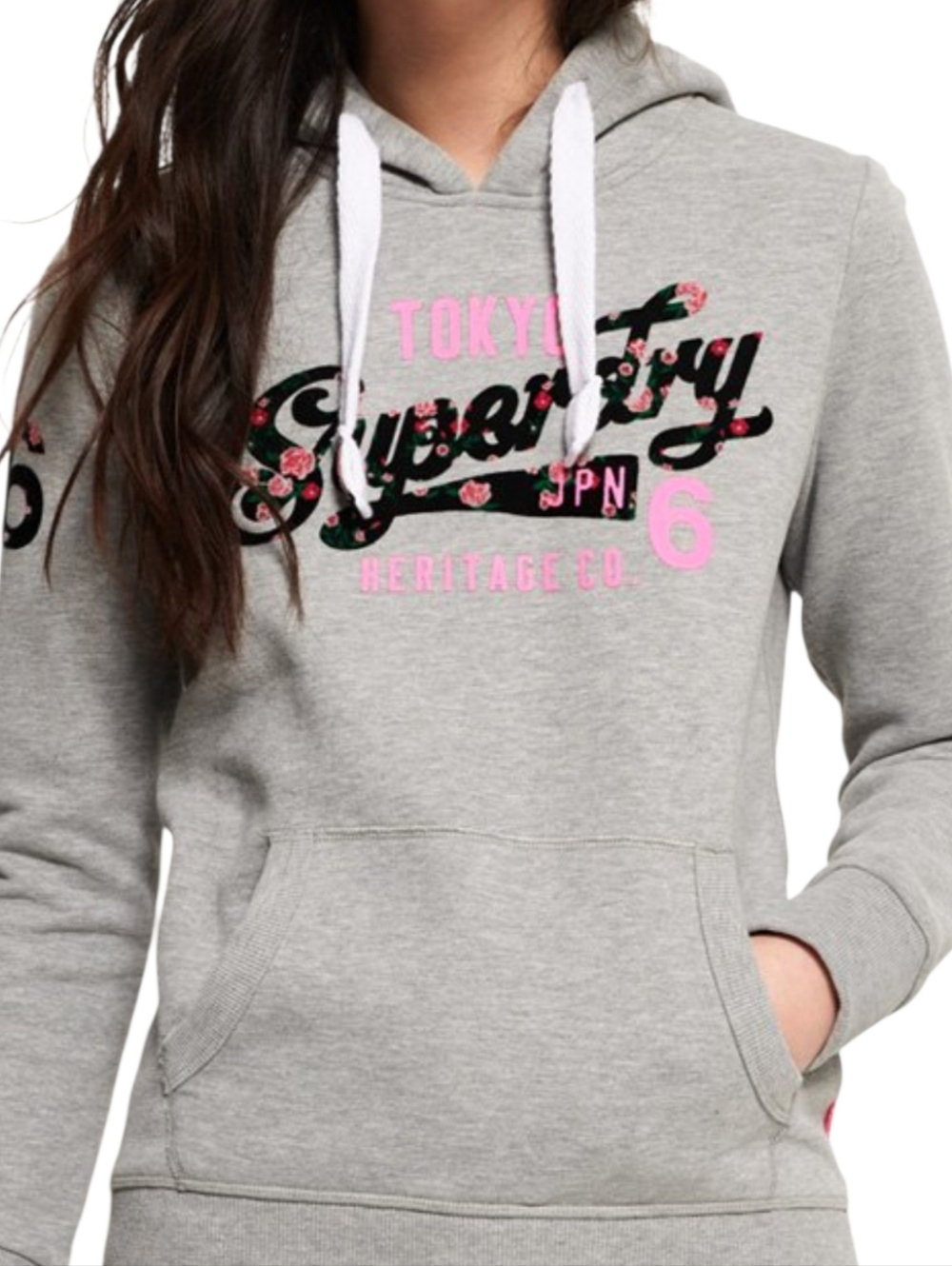 Superdry Women's Grey Heritage Flock Hoodie-Size Medium